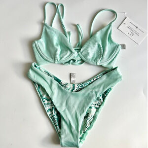 NWOT Maaji Bikini Top & Bikini Bottom Reversible Printed Rib Teal Green Women S